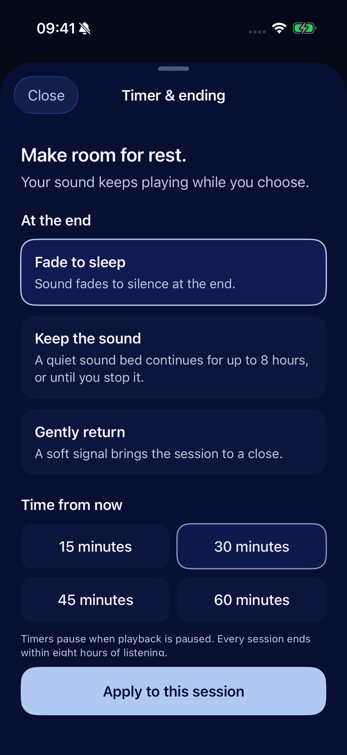 Sleepanion timer with duration and ending choices